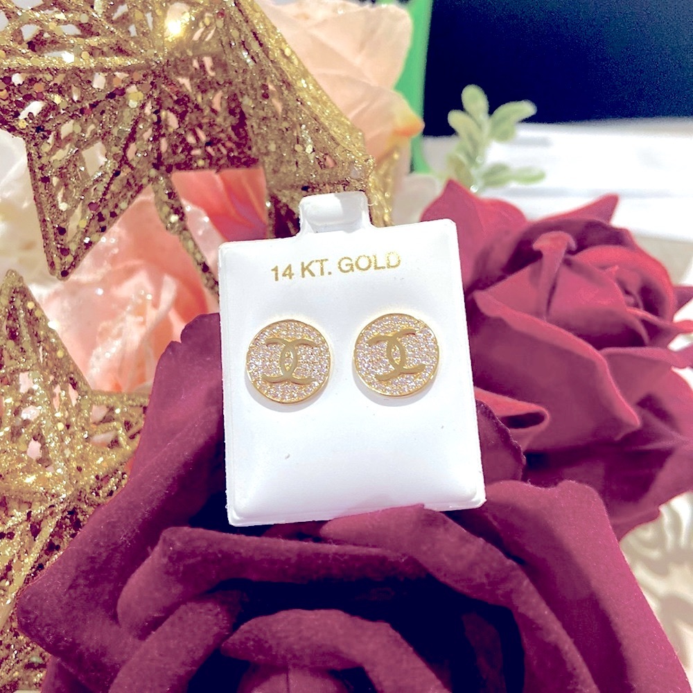 New “ Italian 14kt gold with CZ cubic Zirconia Studs Earrings